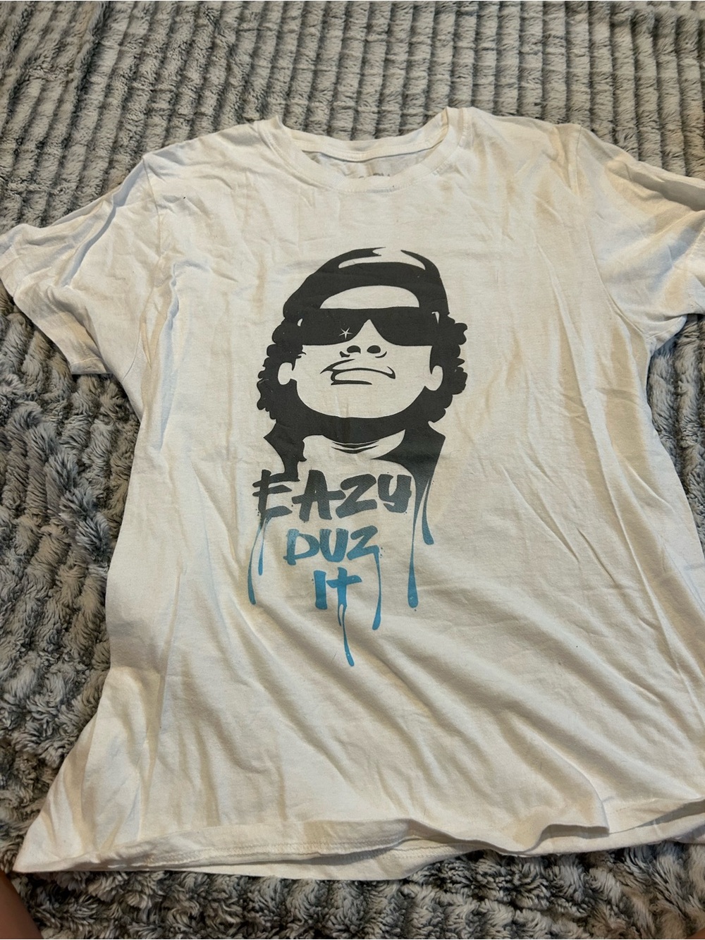 White Short-Sleeve Graphic Tee with Black Portrait and Blue Accents